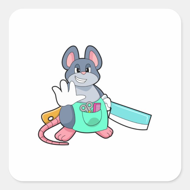 Pegatina Cuadrada Ratón como peluquero con tijeras y comb (Anverso)