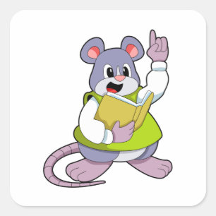 Pegatina Cuadrada Ratón como profesor con libro