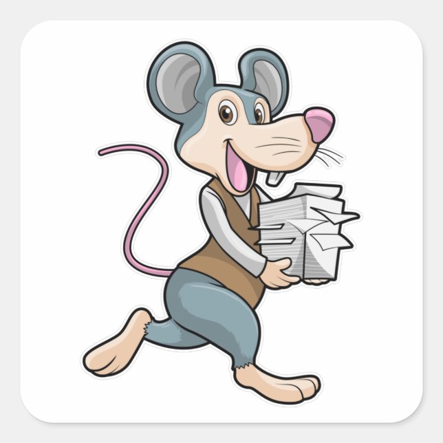Pegatina Cuadrada Ratón como secretario con papel (Anverso)
