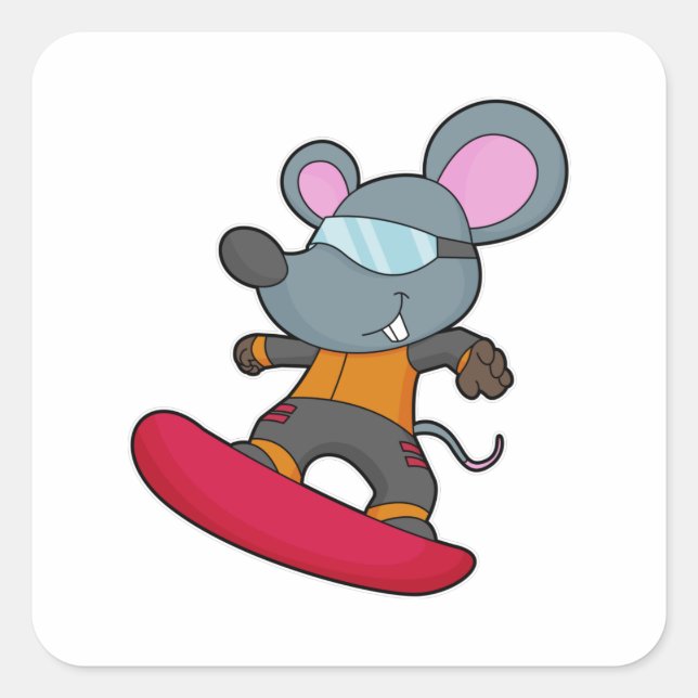 Pegatina Cuadrada Ratón como snowboard con Snowboard (Anverso)