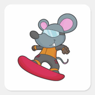 Pegatina Cuadrada Ratón como snowboard con Snowboard