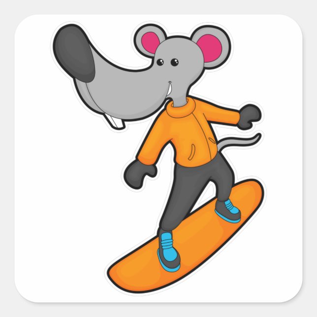 Pegatina Cuadrada Ratón como snowboard con Snowboard (Anverso)