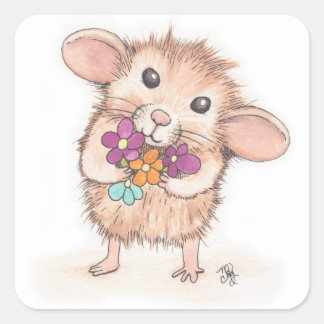 Pegatina Cuadrada Ratón con Bouquet de flores