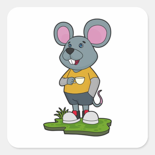 Pegatina Cuadrada Ratón con taza de café (Anverso)
