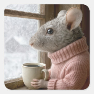 Pegatina Cuadrada Ratón con una taza de café
