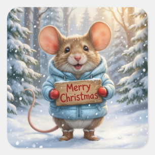 Pegatina Cuadrada Ratón de Navidad en Bosque Invernal