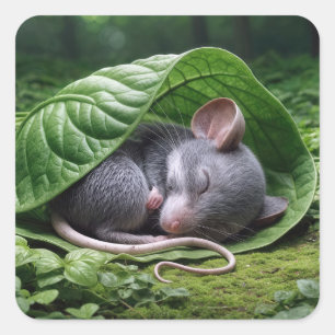Pegatina Cuadrada Ratón durmiendo en una hoja verde