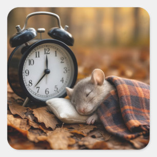 Pegatina Cuadrada Ratón durmiendo junto a un reloj despertador