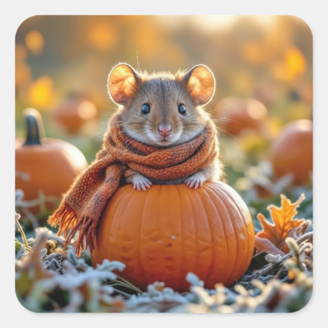 Pegatina Cuadrada Ratón en una calabaza otoñal (Anverso)