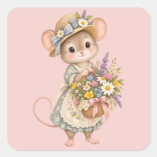Pegatina Cuadrada Ratón encantador del bosque – Ilustración de jardí