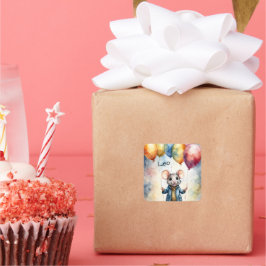 Pegatina Cuadrada Ratón lindo con globos coloridos, personalizable