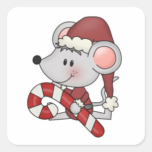 Pegatina Cuadrada Ratón navidad con bastón de caramelo