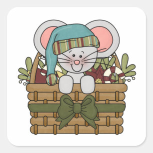 Pegatina Cuadrada Ratón navidad en canasta