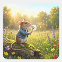 Pegatina Cuadrada Ratón Soplando Plántulas de Diente de León