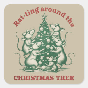 Pegatina Cuadrada Ratoncito alrededor del árbol de Navidad divertido