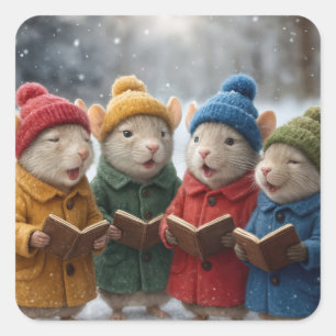 Pegatina Cuadrada Ratones De Navidad Cantando En La Nieve