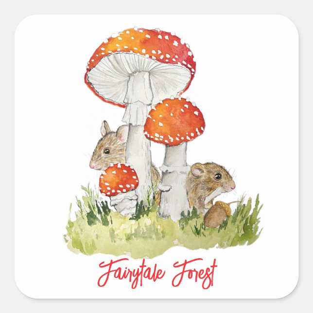 Pegatina Cuadrada Ratones y setas forestales (Anverso)
