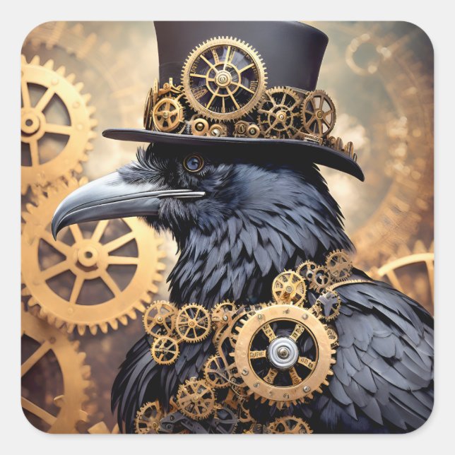 Pegatina Cuadrada Raven en el arte de Hat Steampunk (Anverso)