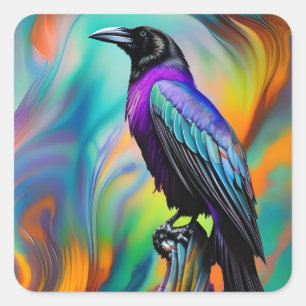 Pegatina Cuadrada Raven morado, fondo de luces del norte
