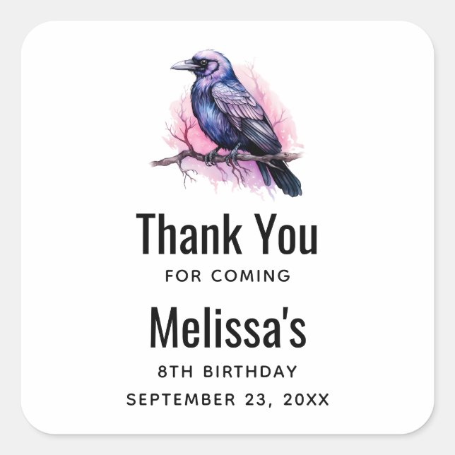 Pegatina Cuadrada Raven negro en un Ilustracion de sucursal (Anverso)