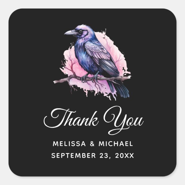 Pegatina Cuadrada Raven negro en un Ilustracion de sucursal Gracias (Anverso)