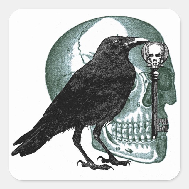 Pegatina Cuadrada Raven Skeleton Key (Anverso)