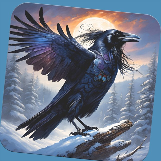 Pegatina Cuadrada Raven Spirit Solsticio de Invierno Ave Forestal de (Winter solstice raven sticker)