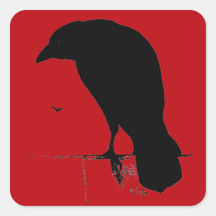 Pegatina Cuadrada Raven vintage en plantilla de rojo sanguíneo