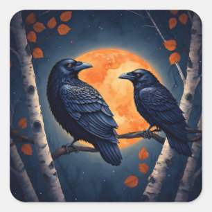 Pegatina Cuadrada Ravens iluminados por la luna en los árboles de Bi