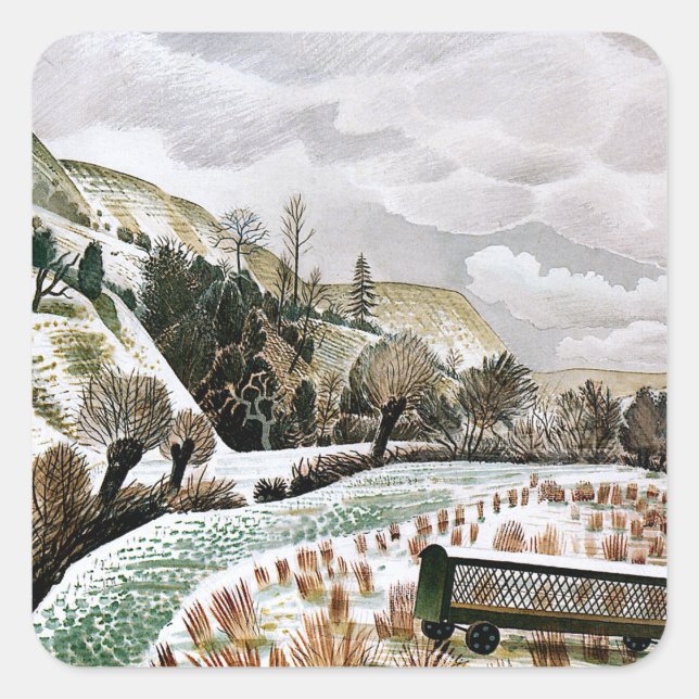 Pegatina Cuadrada Ravilious - Nieve de Año Nuevo, (Anverso)