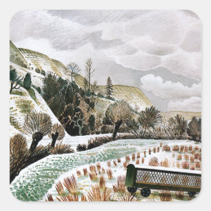 Pegatina Cuadrada Ravilious - Nieve de Año Nuevo,
