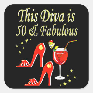 PEGATINA CUADRADA RAVISHING RED MARTINI Y HEELS 50TH BIRTHDAY