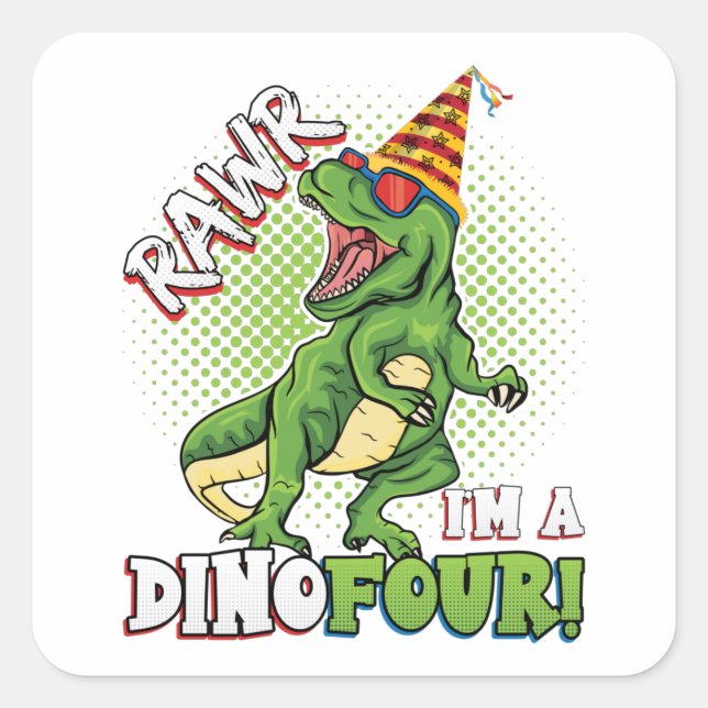 Pegatina Cuadrada Rawr Soy Dinofour 4th Birthday Dinosaur Square S (Anverso)