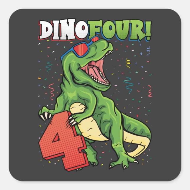 Pegatina Cuadrada Rawr Soy Dinosaurio de 4 Años (Anverso)