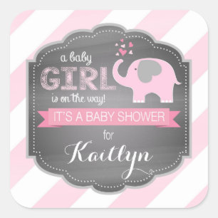 Pegatina Cuadrada Raya diagonal Baby Shower del elefante rosado
