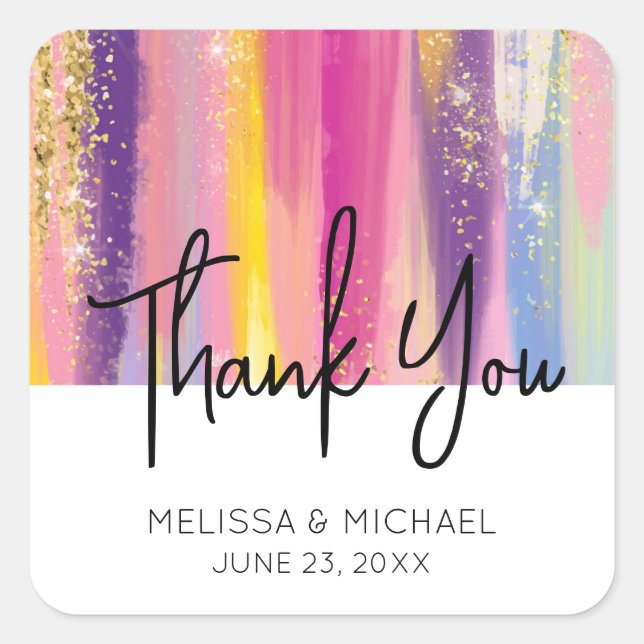 Pegatina Cuadrada Rayas arcoiris con Boda Purpurina de oro falso (Anverso)