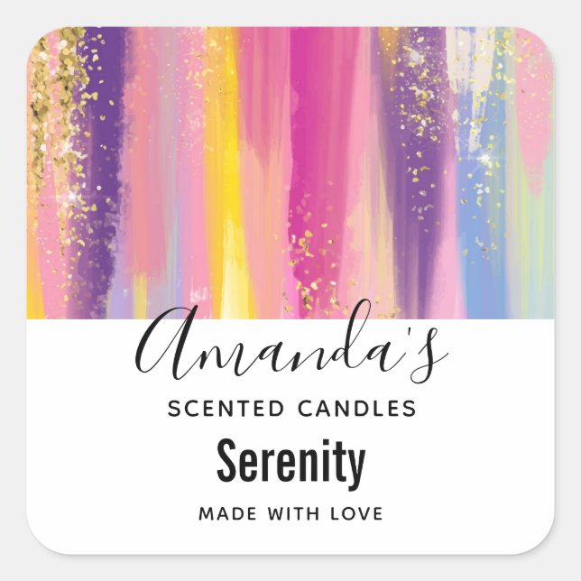 Pegatina Cuadrada Rayas arcoiris con Purpurina de oro falso en negoc (Anverso)