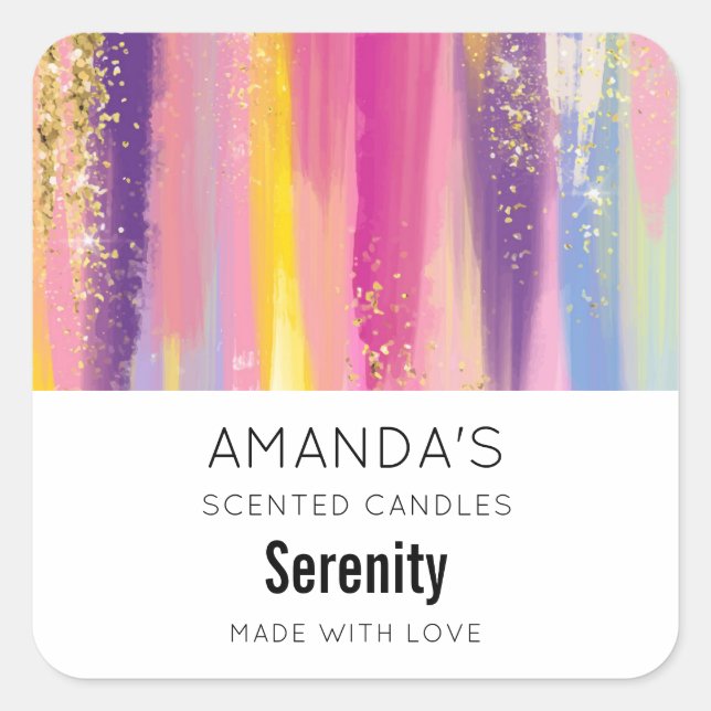 Pegatina Cuadrada Rayas arcoiris con Purpurina de oro falso en negoc (Anverso)