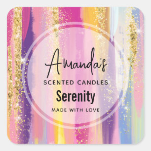 Pegatina Cuadrada Rayas arcoiris con Purpurina de oro falso en negoc