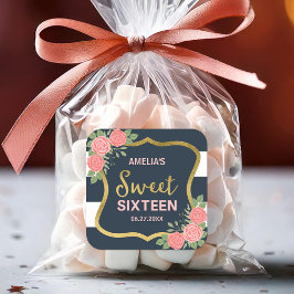 Pegatina Cuadrada Rayas azules, rosas rosadas Rubor dulce 16