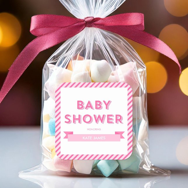 Pegatina Cuadrada Rayas modernas Baby Shower rosa (Subido por el creador)