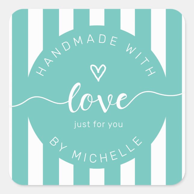 Pegatina Cuadrada rayas modernas hechas a mano con monograma de amor (Anverso)