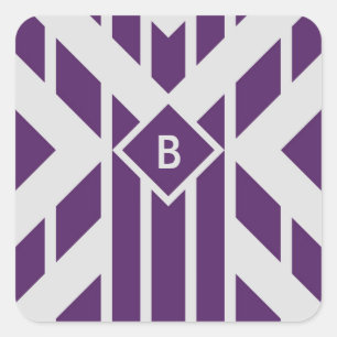 Pegatina Cuadrada Rayas paralelogramo púrpura sobre gris con monogra