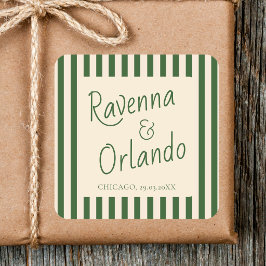 Pegatina Cuadrada Rayas Retro Minimalistas Verde Botella Boda