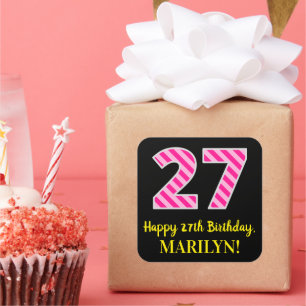 Pegatina Cuadrada Rayas rosadas divertidas "27": Feliz cumpleaños 2