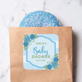 Pegatina Cuadrada Rayas y Rosas Blue Boy Baby Shower