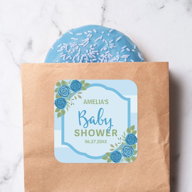 Pegatina Cuadrada Rayas y Rosas Blue Boy Baby Shower (Subido por el creador)