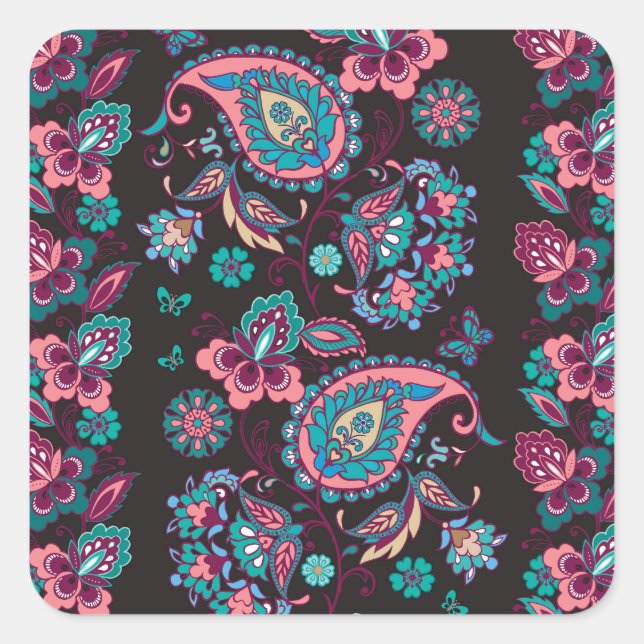 Pegatina Cuadrada Rayo Paisley: negro decorativo sin foco (Anverso)