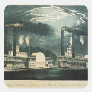 Pegatina Cuadrada Raza de medianoche en el Mississippi, 1875