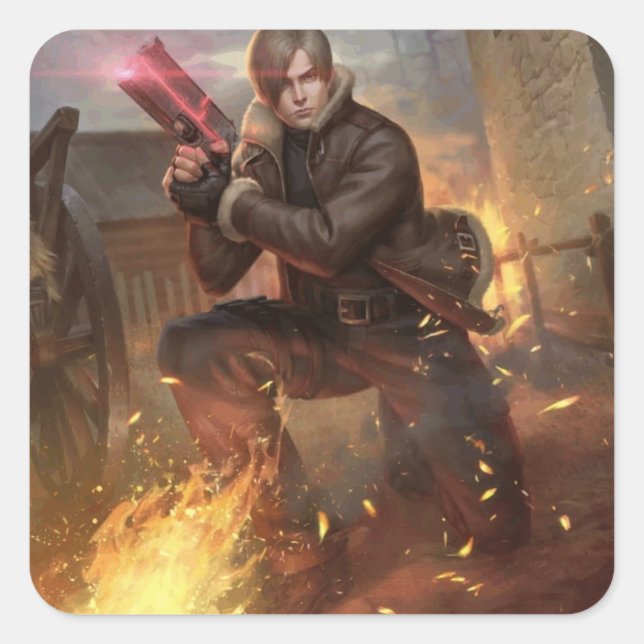 Pegatina Cuadrada RE4 León en la aldea (Anverso)